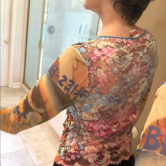 Colorful sleek front, lace back, sheer sleeve SzM - Picture 5 of 11